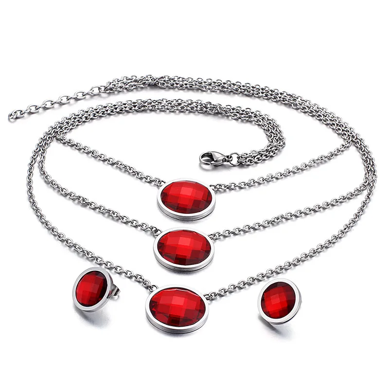 

New Arrival Fashion Women Silver Stainless Steel Geometric Round Ball Black Red Glass Joker Necklace Earrings Jewelry Sets