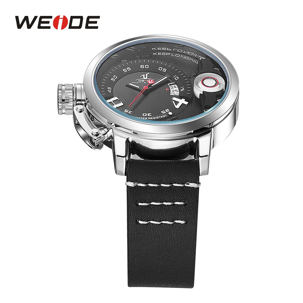 WEIDE Men Analog Calendar Date Black Leather Strap Buckle Stainless Steel Back Case Hardlex Men Fashion Sport Quartz Wrist Watch