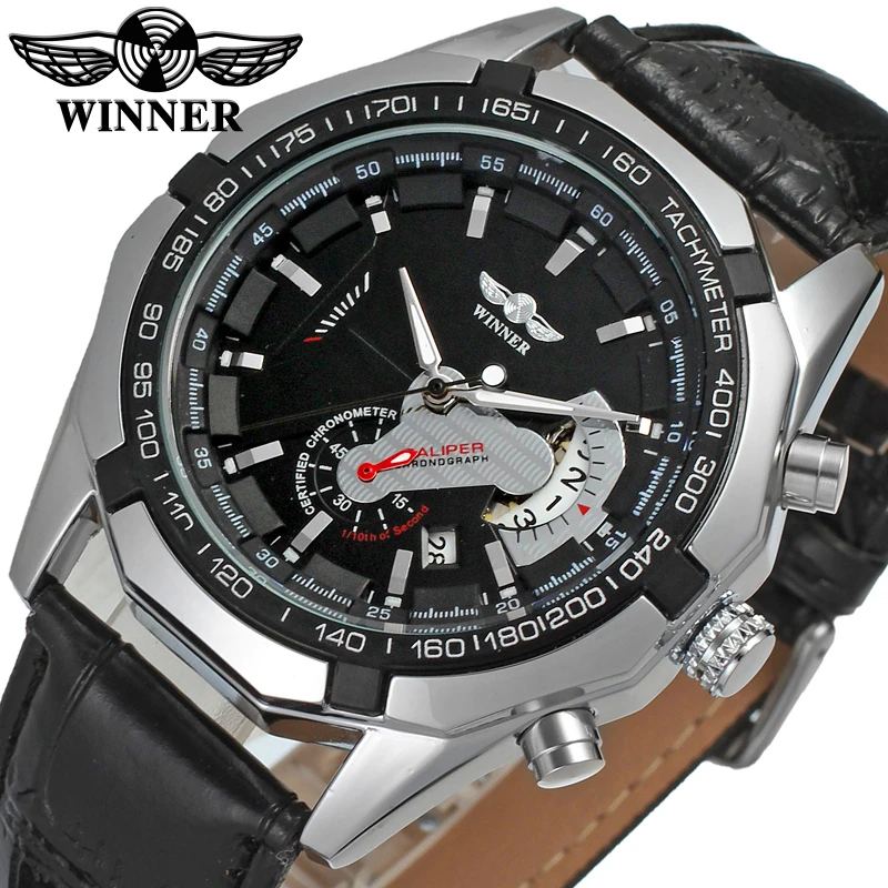 

Fashion WINNER Brand Men Luxury Big Face Calendar Leather Strap Watch Mechanical Hand Wind Wristwatches Gift Box Relogio Releges