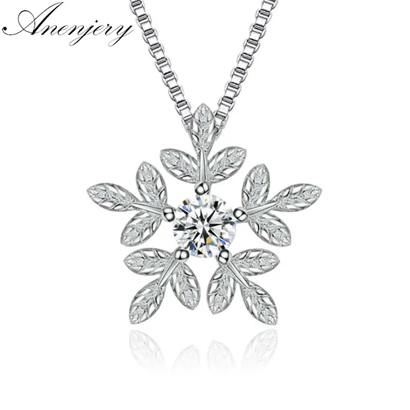 

Anenjery 925 Sterling Silver Necklace CZ Zircon Snowflake Pendant Neckace For Women Gift 45cm Chain choker collares kolye S-N142