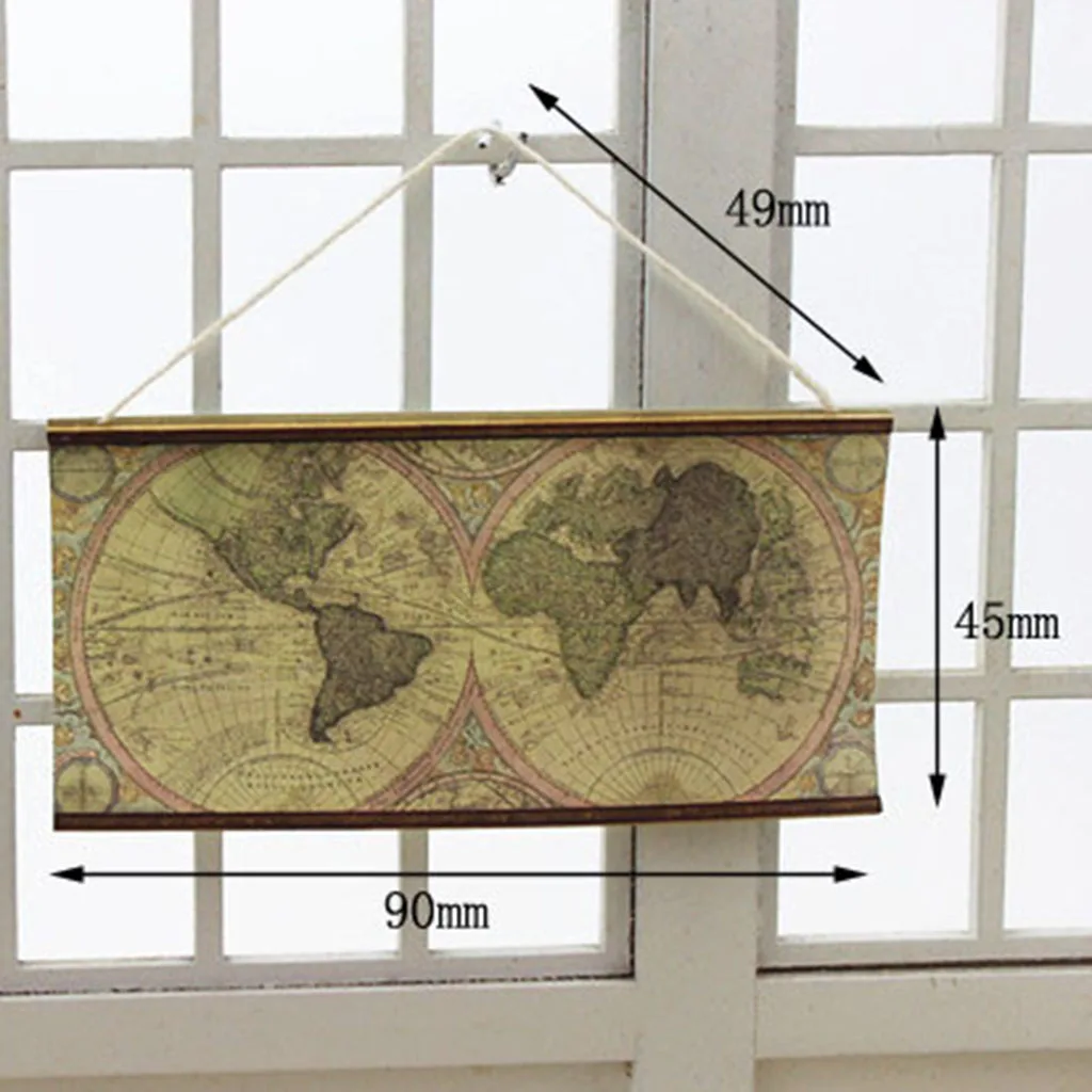 Miniature Vintage Big Map of the World for 1/6 1/12 Scale Dollhouse Room Wall Ornament Dollhouse Wall Decoration Accessory