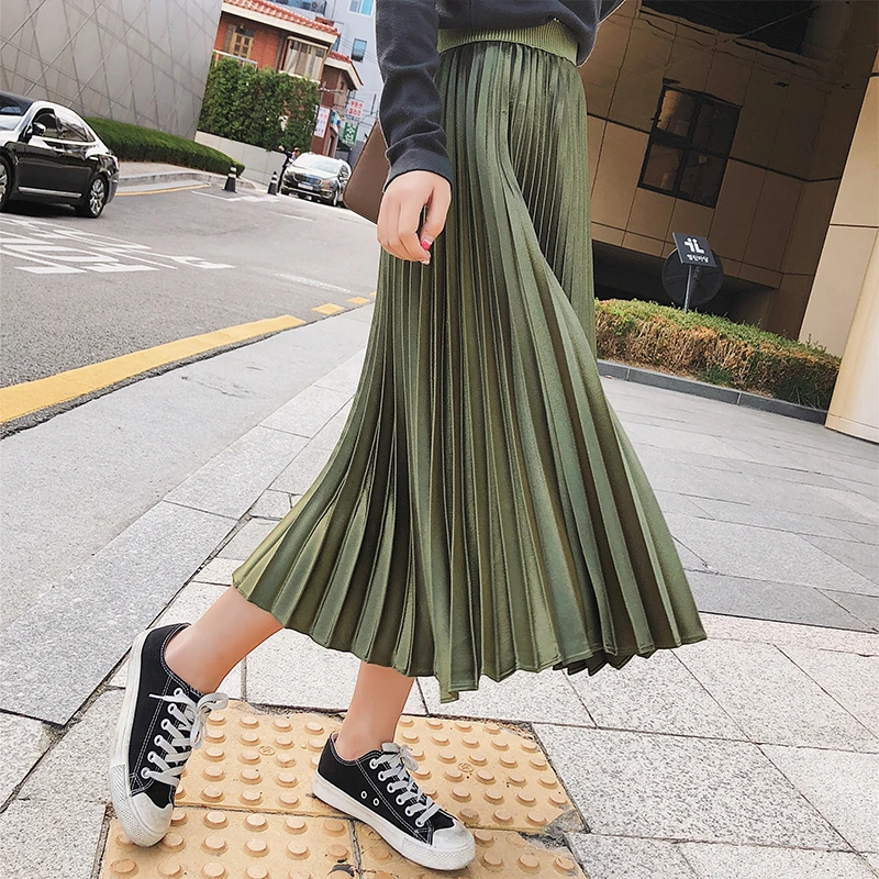 

2019 New Arrival Fashion High Waist Solid Long Skirt Autumn Winter High Quality Casaul Pleated Skirts Women jupe femme faldas