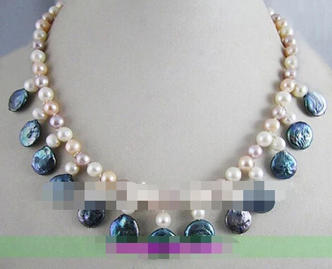 

Free shipping >>@ 1098 White pink purple &black 11-13mm coin pearl necklace 18