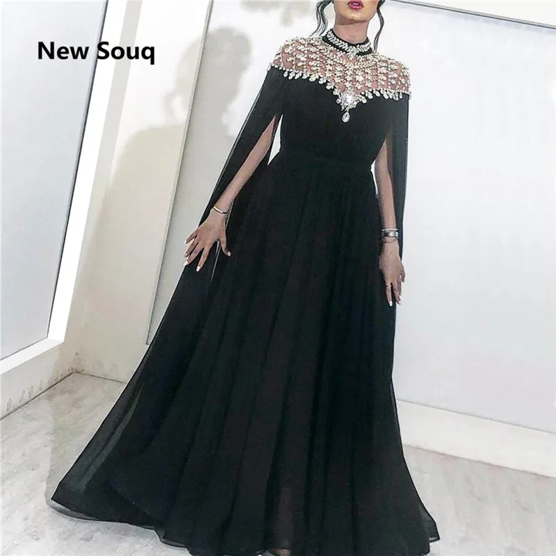 Черное Шифоновое Платье-кафтан с длинными рукавами а-силуэта вечернее платье