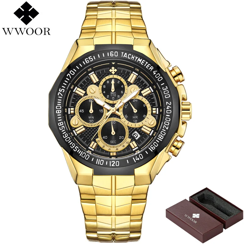 WWOOR Роскошные брендовые Для мужчин s часы хронограф кварцевые часы Для мужчин большой циферблат часов Водонепроницаемый Повседневное Бизнес наручные часы Человек синий - Цвет: gold black