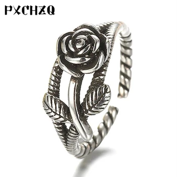 

Fashion retro rose Thai silver color ring classic popular to do the old hemp rope flowers ladies ring jewelry gifts