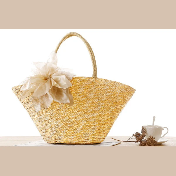 

FGGS Pastoral Style Woven Straw Beach Bag with Fabulous Silk Flower(Beige)