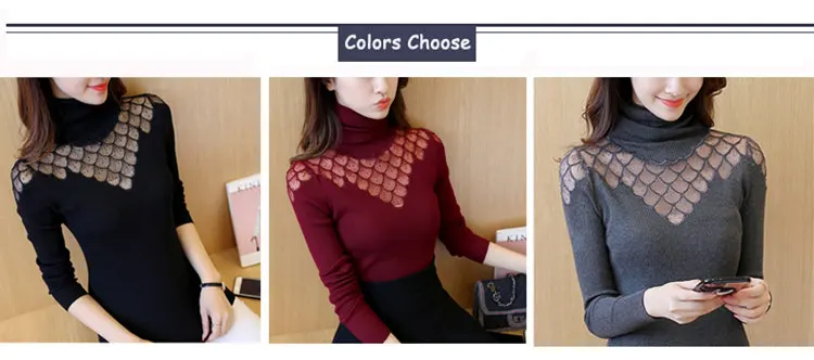 2019 Women Sweater Pullovers Soft Lace Knitted Sweater Ladies Jumper Diamond Pattern Long Sleeve Turtleneck Pullovers Femme Hiver (2)