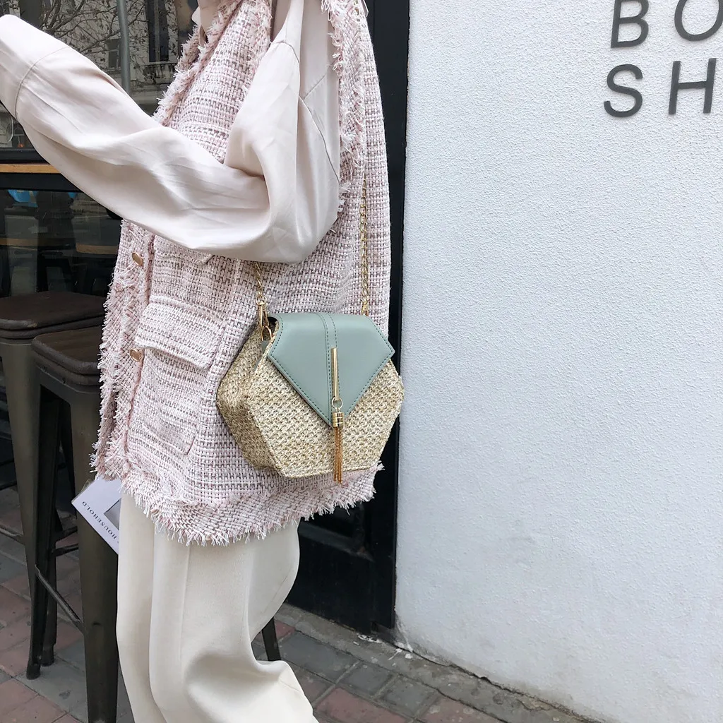 MAIOUMY/Модная женская сумка в стиле ретро из плетеной кожи с кисточками и цепочкой через плечо, Лоскутная Соломенная Сумка-ведро для путешествий 3 июня