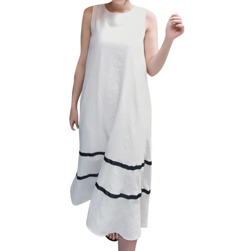 

Long ladies fashion dress summer dress round neck sleeveless loose casual stitching black and white striped dress#D10