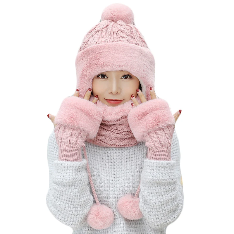 

Woman Winter Thick Knitted Hat and Gloves Sets For women Pus Velvet Warm Fashion Girls Pompoms Beanie Scarf Gloves 3 Pieces/Set