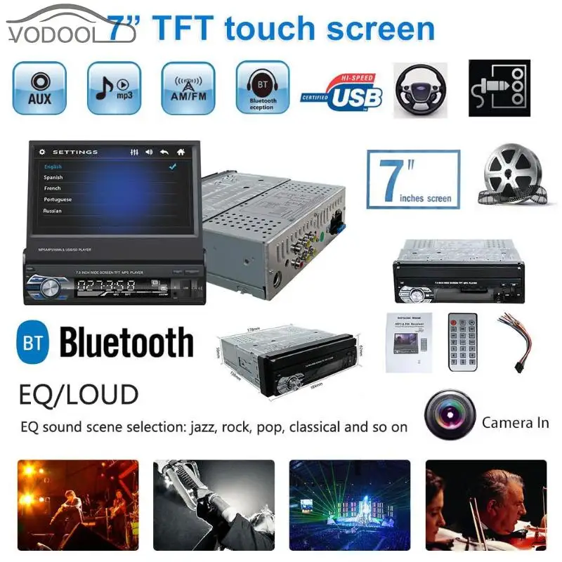

7" Retractable TFT Touch Screen 1 Din Car Stereo MP5 Video Player AUX Audio Player Bluetooth Handsfree A2DP FM Radio Autoradio