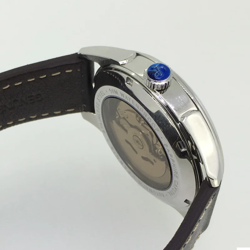 Модные мужские часы PARNIS, серебристый чехол, 42 мм, черный кожаный ремешок, черный циферблат, механические Автоматические Мужские часы, лучший бренд класса люкс