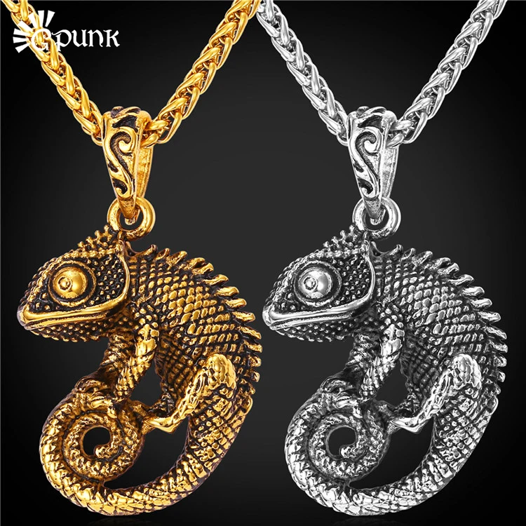 Gold Color Retro Lizard Pendant With Chain Stainless Steel Jewelry Men