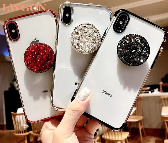 Lwgon Luxury Bling Diamond Airbag Bracket Rhinestone Crystal Clear Soft Case Cover For OPPO R9 R9S R11 R11S Plus R15 R17 P |
