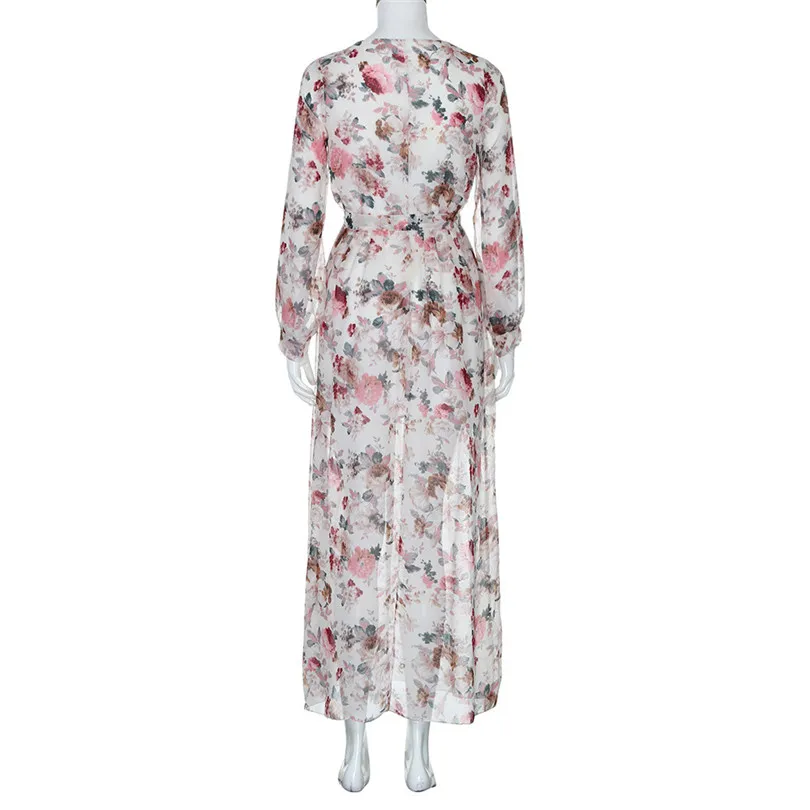 Women Summer Sexy Chiffon Maxi Long Sleeved Dress Vintage vestidos Dress V Neck Floral Print Beach Party Dress #4M22 (1)