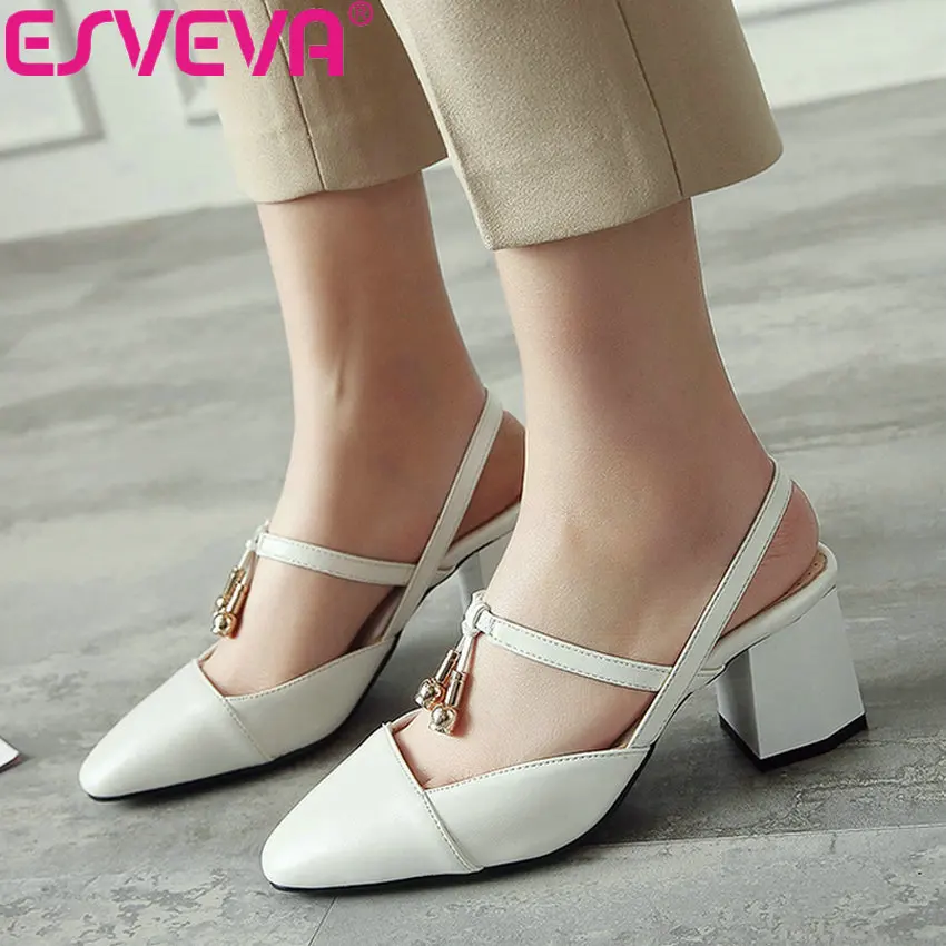 

ESVEVA 2019 Women Pumps Slingback Square High Heels Elegant Shallow Pumps Shoes Solid Sandals Square Toe Women Shoes Size 34-43