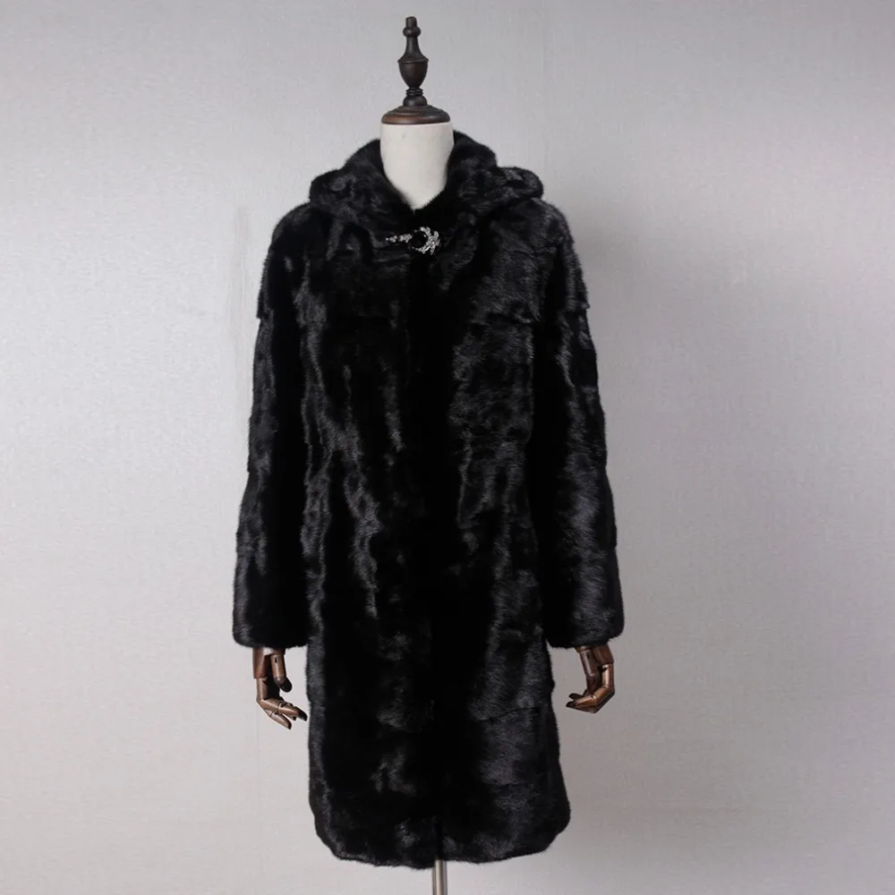 Fur Story 161161B Women Full Pelt Real Mink Fur Coats with Hood Three