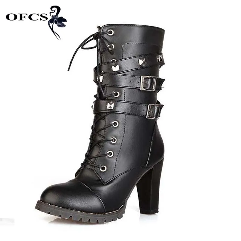 

2019 New Size 34-43 Ladies shoes Women boots High heels Platform Buckle Zipper Rivets Sapatos Femininos Lace up Leather boots