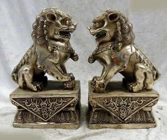 7 "casa de la ciudad China de plata lucky Foo perros lion pair estatuas escultura de cobre decoración fábrica de bronce Latón Puro