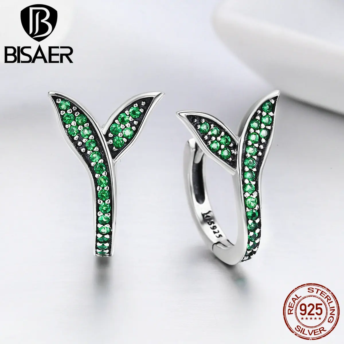 Женские серьги Клипсы из 100% серебра 925 пробы с зеленым фианитом Весенняя