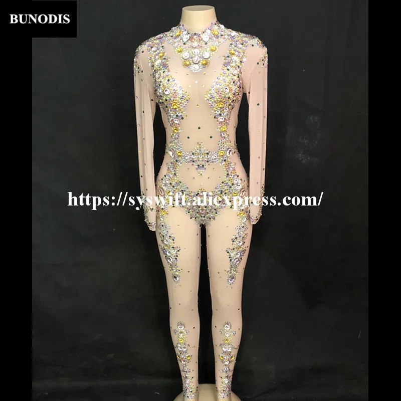 BU36601 Net Yarn Women Sexy Jumpsuit Blazing With Colour Sparkling Crystals Bodysuit Nightclub Party Stage Wear Bling Costumes | Женская