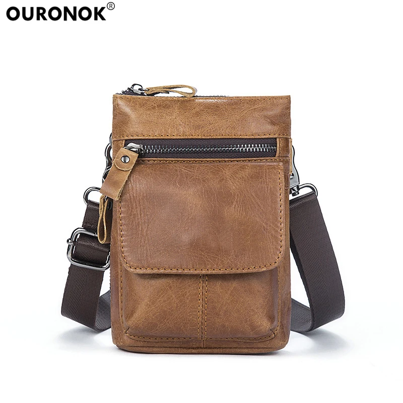 

OURONOK 2018 New Men Shoulder Bags Cowhide Leather Waist Pack Small Crossbody Messenger Retro Belt Phone Pouch Bag Male Packs