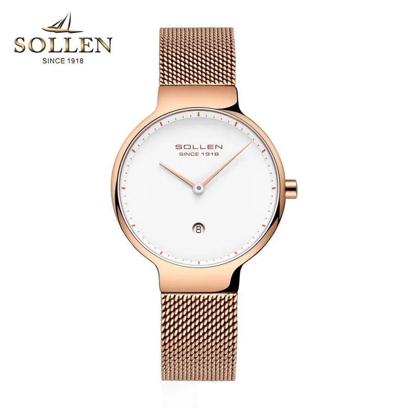 

reloj mujer SOLLEN watch women fashion simple style female models Steel mesh belt clock Luxury Ultra Thin Europe Quartz Watches