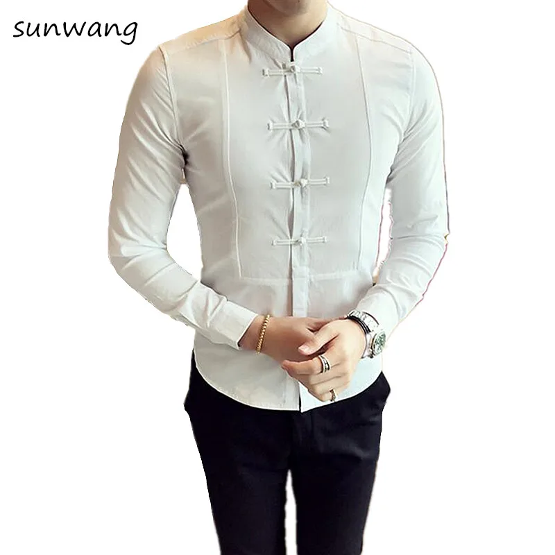 

Sunwang New Chinese style Tang Men's Long Sleeve Shirt Casual Collar Shirt Men camisa slim fit casual dress shirt mens clothes