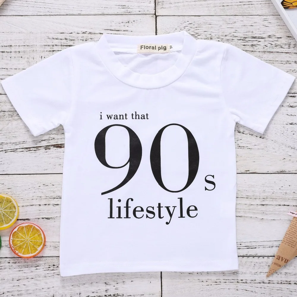 Модная белая футболка детская футболка с короткими рукавами и надписью «I Want That 90 s» для мальчиков летние топы для маленьких девочек, футболка унисекс