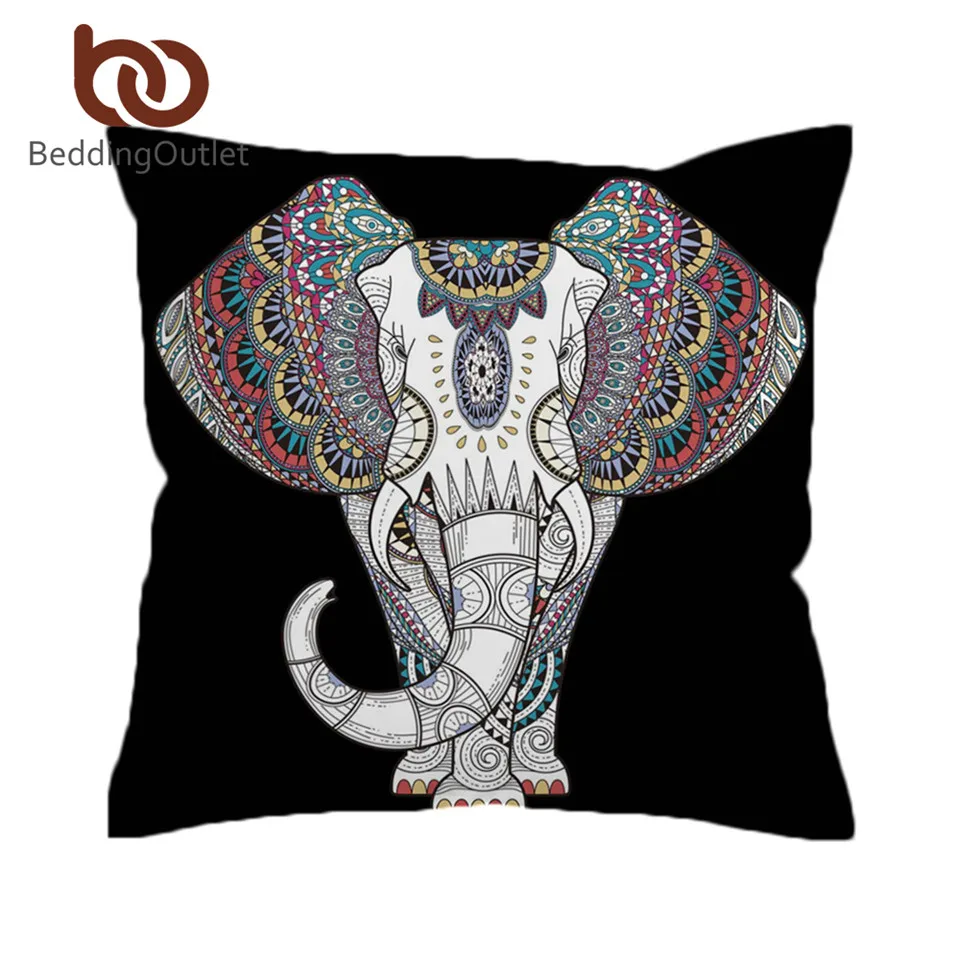 

BeddingOutlet Indian Elephant Cushion Cover Black Bohemian Pillow Case Cover Mandala Boho Exotic Decorative Pillowcase for Sofa