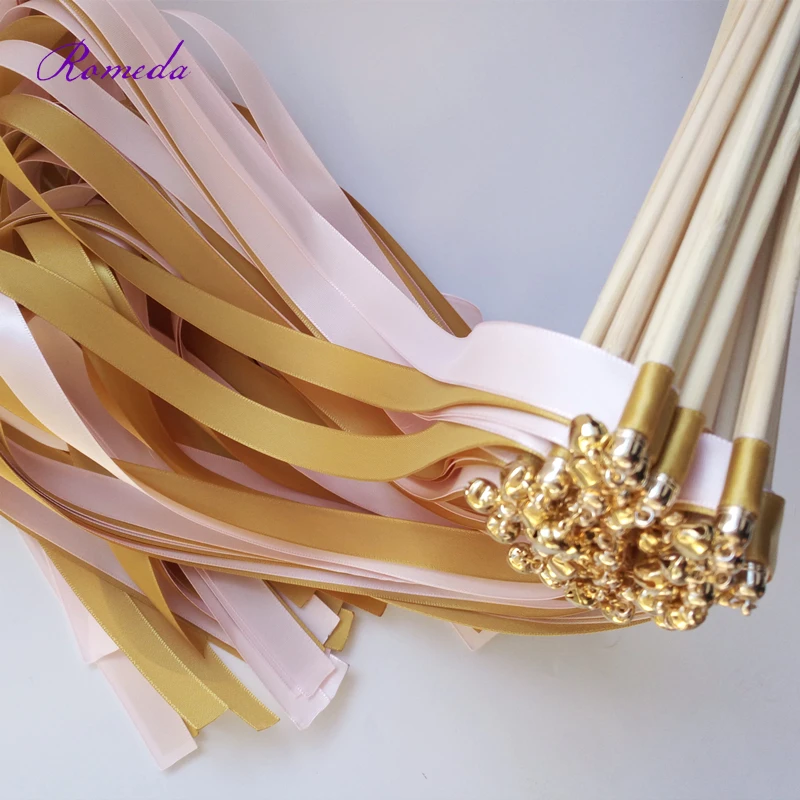Горячая 50 шт./лот золотые и розовые свадебные ленты палочки с золотым колокольчиком