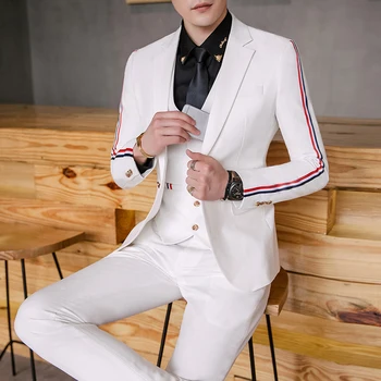 

XIU LUO brand 2019 fashion groom wedding striped sleeve personalized fashion slim nightclub casual suits Top + trousers + vest