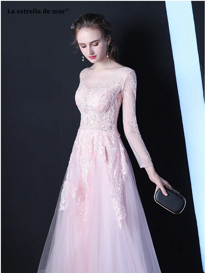 Robe demoiselle d'honneur2018 Новый тюль с длинным рукавом линии sexy see розовый серый платье подружки невесты длинные красивые vestido madrinha