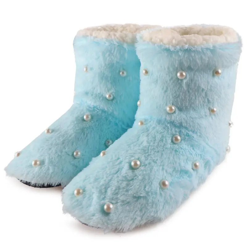 Зимние тапочки; женские меховые тапочки; пушистые шлепанцы; домашняя обувь; носки для дома; обувь из хлопка на плоской подошве; Pantoffels Dames - Цвет: Pearl Blue