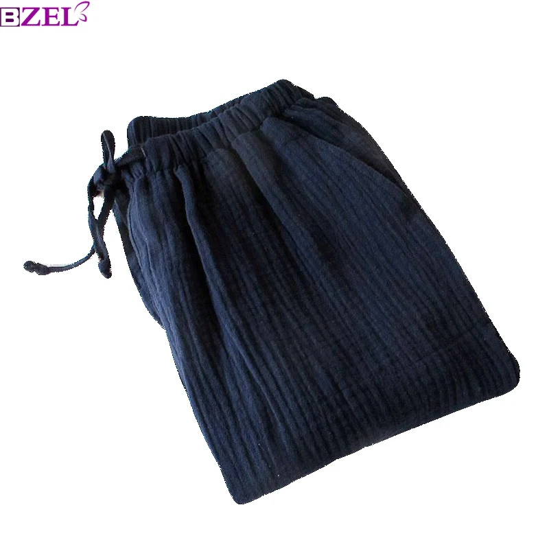 

Spring New All- Cotton Men's Sleep Pants Simplicity Style Crepe Cotton Drawstring Trousers Solid Color Sleep Bottoms Household