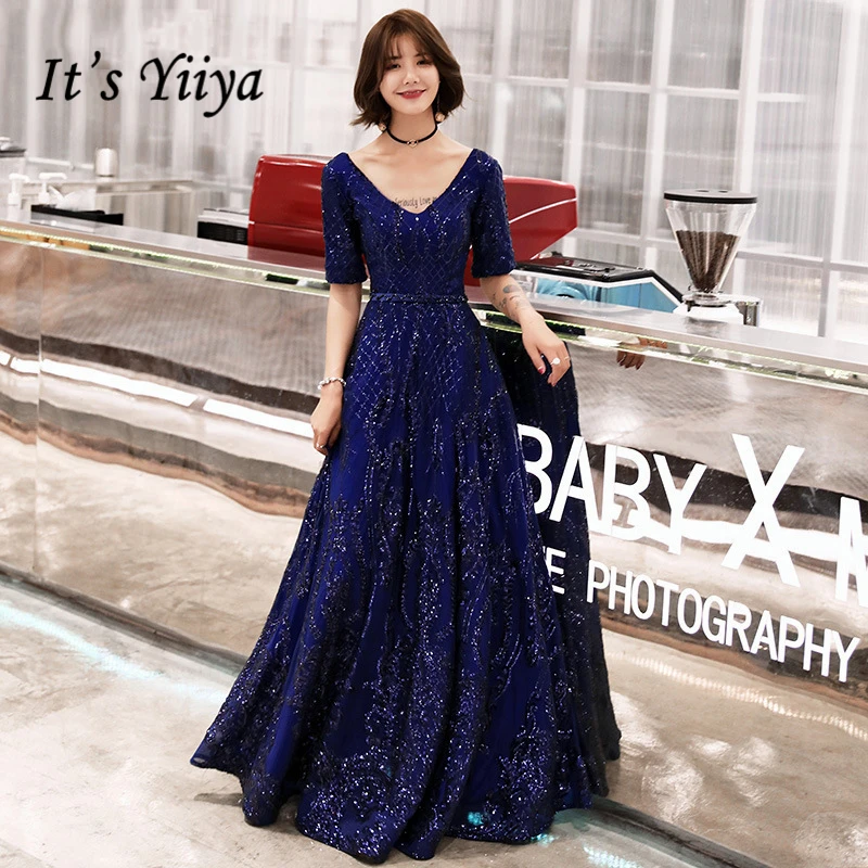 

It's YiiYa Evening Dresses 2019 Sexy V-neck Short Sleeve Long Formal Dresses Elegant Sequins Slim Floor Length Party Gowns E412