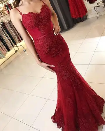 robe de soiree Elegant Long Red Evening Dress V-neck Simple Lace Tulle Mermaid Prom Dresses Sleeveless | Свадьбы и торжества