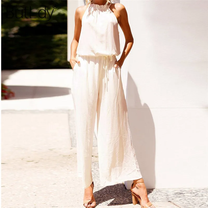 

Ruffle Strap Halter Jumpsuit Women Off Shoulder Backless Long Bodysuit Summer Romper 2019 White Casual Loose Pleated Overalls