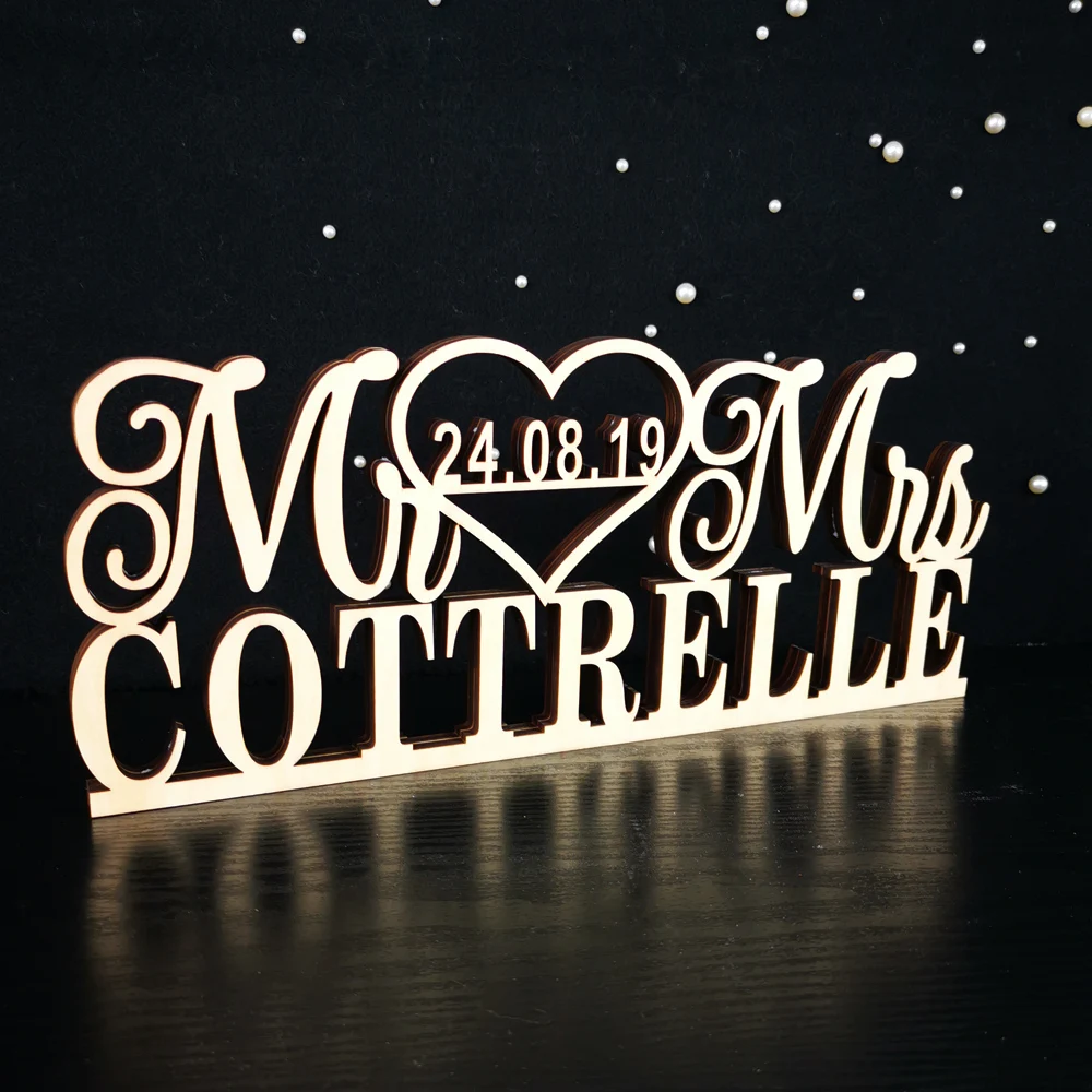  Custom Wooden Wedding Table Sign with Last Name And Date Wedding Cake Party Decor Mr& Mrs Romantic 