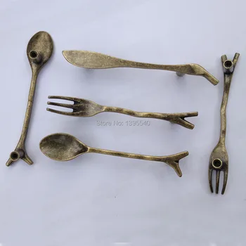 New Bronze Spoon Knife Fork Kids Bedroom Furniture Knobs Kitchen Cabinet Cupboard Closet Drawer Handle Pulls Bars Leather Bag