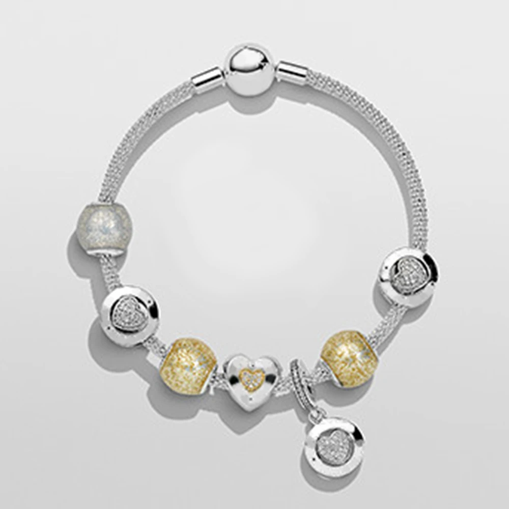 

ROBOL100%925 Silver Heart Charm Bangle For Women Fashion DIY Beads Fit Original Bracelet Jewelry Lover's Gift DIY
