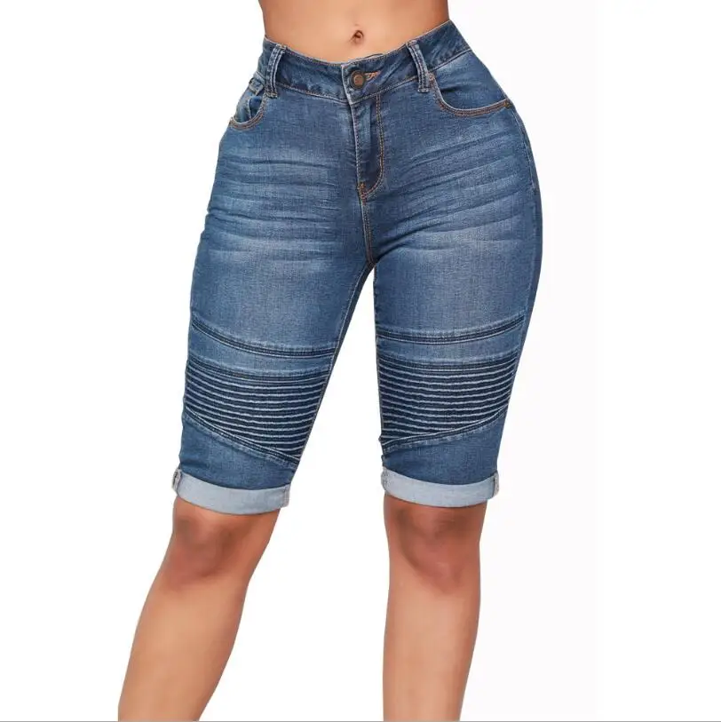 Helisopus летние женские джинсы с высокой талией облегающие до колена облегающие эластичные джинсы классические из денима синие шорты