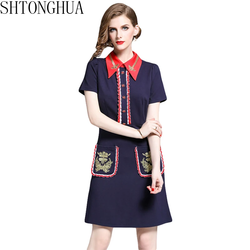 

SHTONGHUA 2019 Summer Women Black A Line Dress High Quality Embroidery Animal Short Sleeve Bodycon Dress Office Lady Vestidos