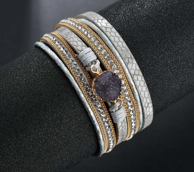 

530 Temperament Multilayer Leather Rhinestone Trendy Multielement Bracelet Magent Opening Bangle Bijoux Jewelry Gift B3083