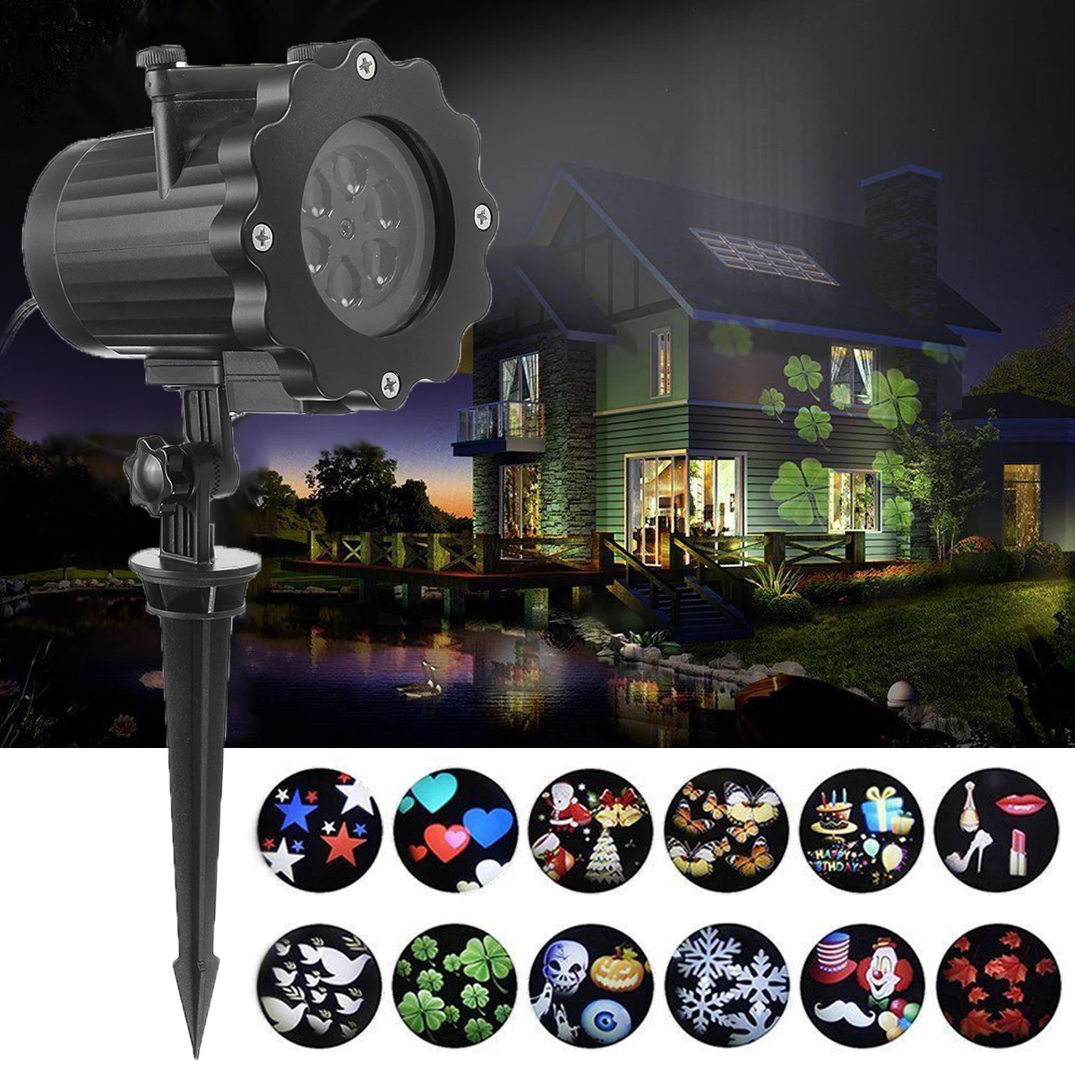 

4 LED Lights EU/AU/UK/US Plug Christmas 100-240V 6W Projection Light+12 Slides Range 30 Square Meters Automatic Waterproof