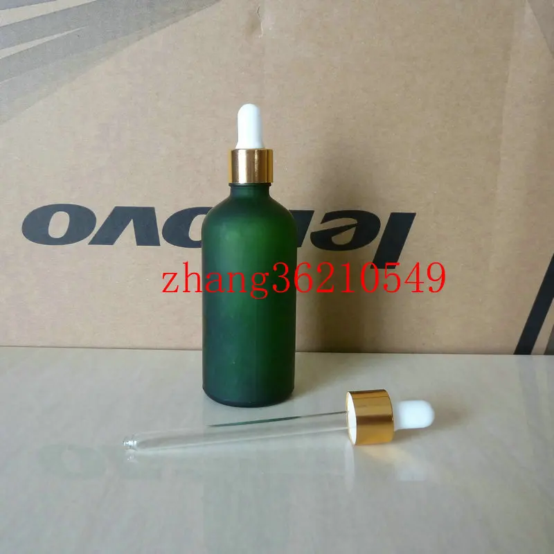 #*Cheap 100ml green frosted Glass Essential Oil Bottle With aluminum shiny gold dropper cap.Essential Oil Container