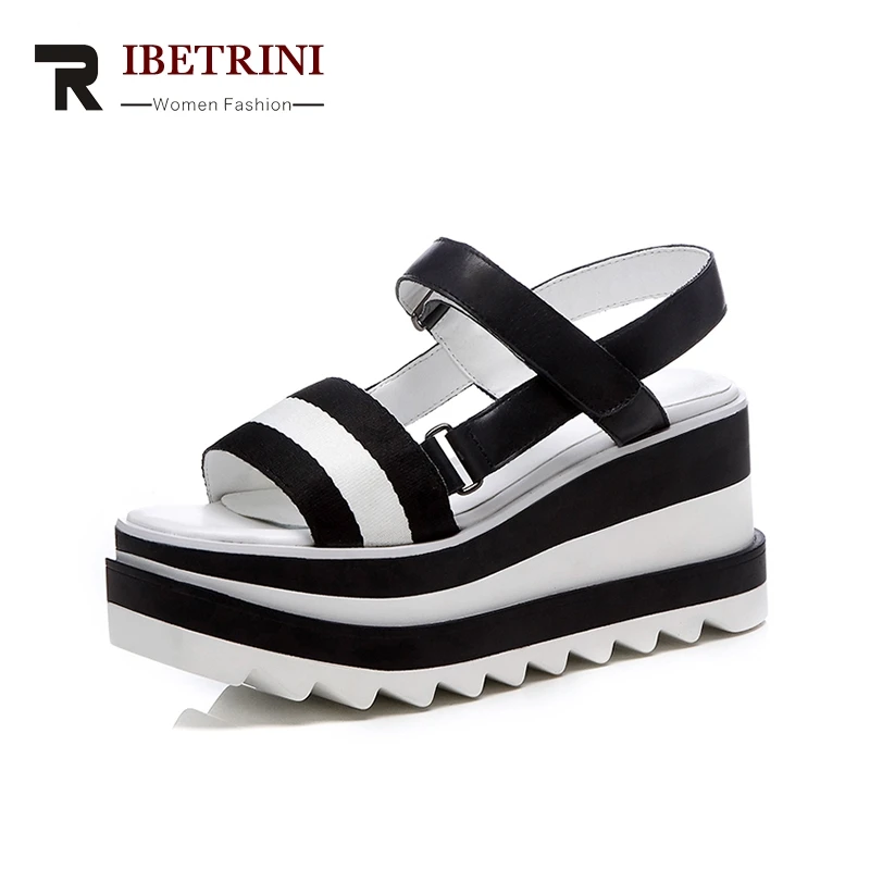 

RIBETRINI 2018 Genuine Leather Summer Platform Sandals Shoes Women Leisure Wedge High Heels Casual Woman Shoes
