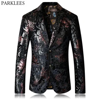 

Mens Single Breasted Two Button Blazer Jacket 2018 Brand New Floral Print Velvet Suit Blazer Men Business Veste Costume Homme