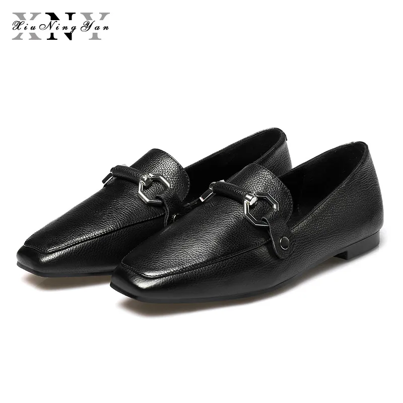 

XiuNingYan Genuine Leather Women Basic Flats Fashion Brogue Oxford Woman Casual Shoes Slip on Loafers Shoes Woman Big Size 33-40